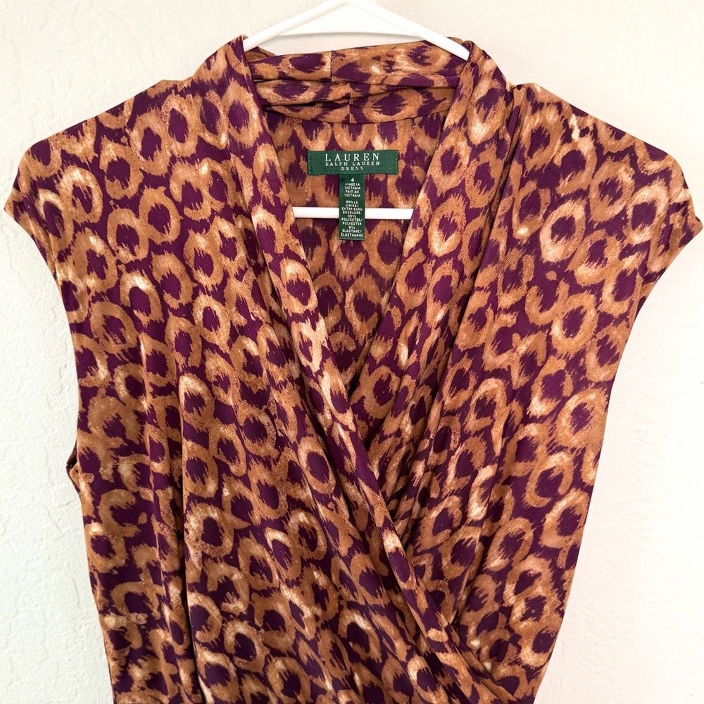 Lauren Ralph Lauren Faux Wrap Midi Dress Leopard Print Purple and Brown Size 4 - Picture 2 of 9